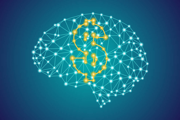 Знак иконы золотых долларов на многоугольном низком сплетении человеческого мозга
 - Вектор,изображение