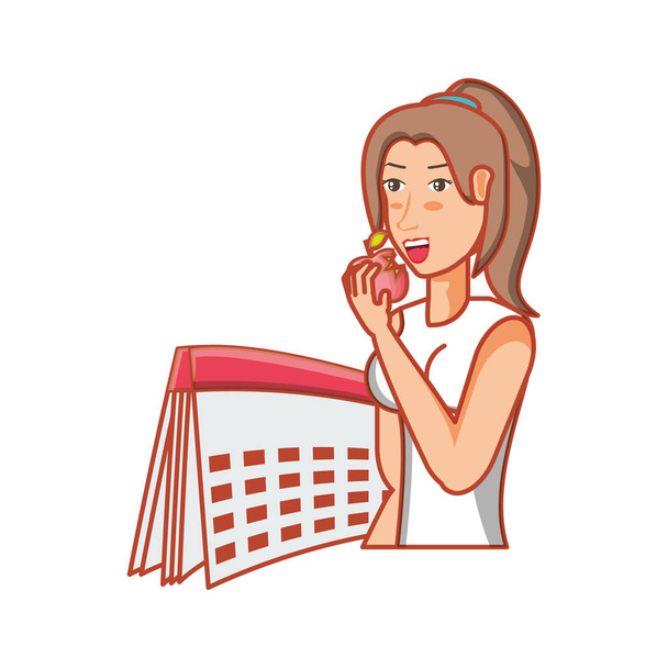 カレンダーでりんごを食べるアスレチック女性 - ベクター画像