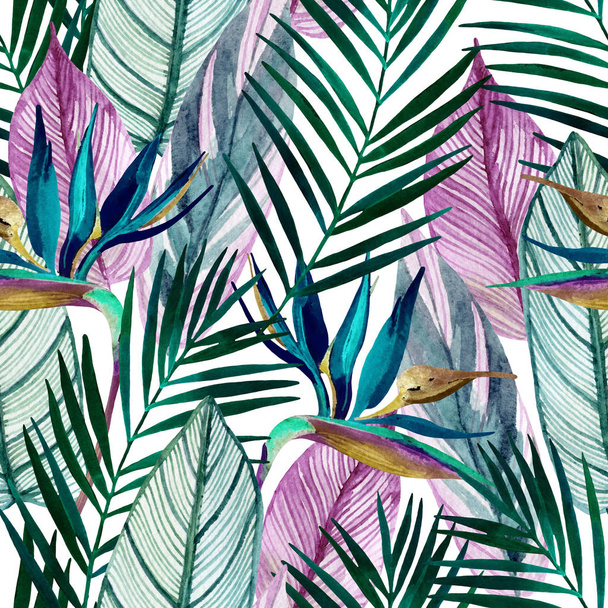 Watercolor tropical seamless pattern with bird-of-paradise flower, palm leaves - Valokuva, kuva