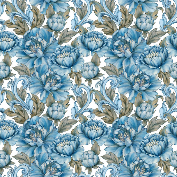 Blauwe pioenrozen naadloos patroon in retro kleuren - Foto, afbeelding