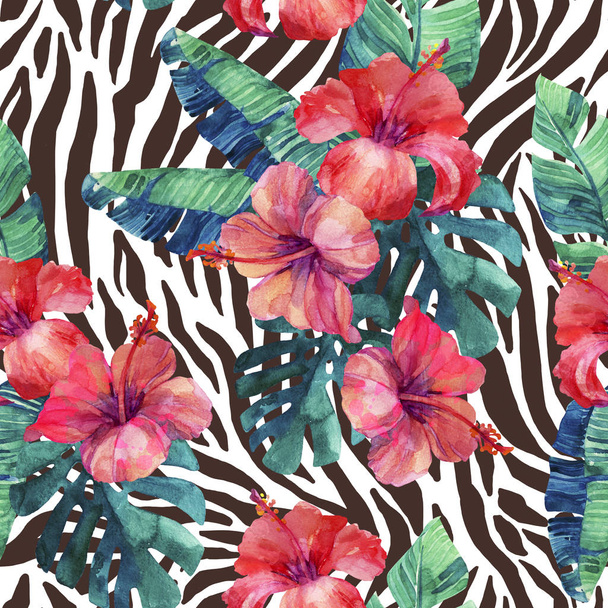 Akvarell trópusi virágok és levelek állat print háttér - Fotó, kép