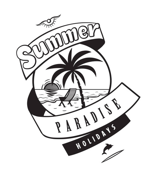 夏の楽園の休日のエンブレムやロゴのバッジ手描画書道。黒いベクター レタリング白い背景の上の休暇旅行のためのデザイン。海とヨットと表記記号 - ベクター画像