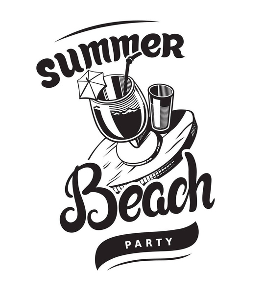 emblemas de festa de praia de verão ou emblema do logotipo com caligrafia desenhada à mão. Design de lettering vetorial preto para passeio de férias em um fundo branco. Símbolo tipográfico com coquetéis longos e curtos
 - Vetor, Imagem