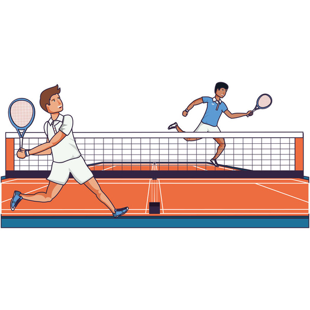 мужчины играют в теннис на спортивном корте
 - Вектор,изображение