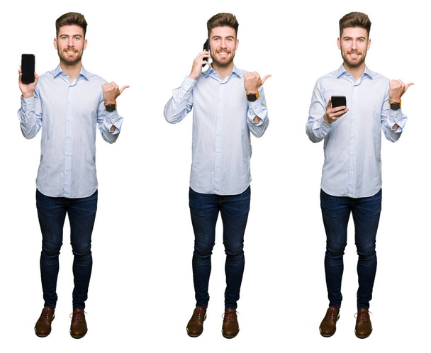 Колаж красивого молодого професійного чоловіка, використовуючи смартфон над білим ізольованим тлом, вказуючи і показуючи з великим пальцем в сторону з щасливим обличчям посміхаючись
 - Фото, зображення