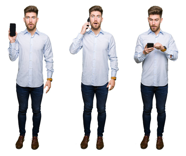 Collage de beau jeune homme professionnel utilisant un smartphone sur fond blanc isolé effrayé en état de choc avec un visage surprise, effrayé et excité par l'expression de la peur
 - Photo, image