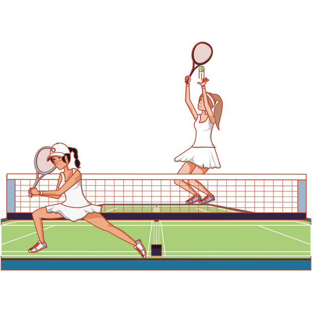 женщина, практикующая теннис в суде
 - Вектор,изображение