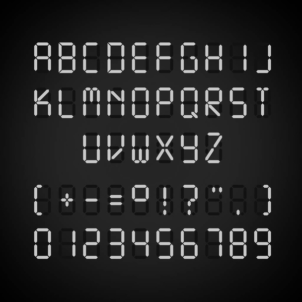 Modelo de vetor de brilhante alfabeto branco digital realista e números no fundo, letras de despertador
 - Vetor, Imagem
