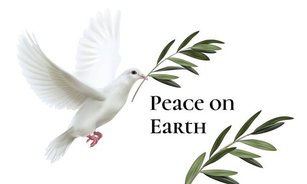Vector illustration of white dove of peace flying with green olive twig isolated on background with space for text - Vector, Image