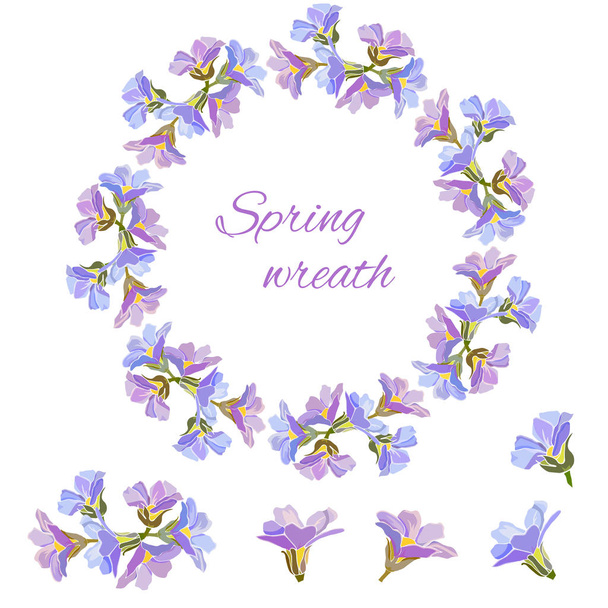 Jarní sada květinové vzory, ornamenty a vektorové věnce z jemné fialové květy zdobí karty, design pozdravy - Vektor, obrázek