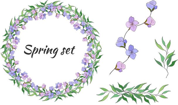 Frühjahrsset mit floralen Mustern, Ornamenten und Vektorkränzen aus zarten violetten Blüten und grünen Blättern zur Dekoration von Karten, Designergrüßen - Vektor, Bild
