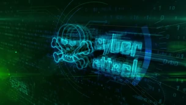 Cyber attack hologram on digital background. Danger alert, threat, infection and hacking warning abstract concept with skull symbol. Futuristic 3D animation. - Footage, Video