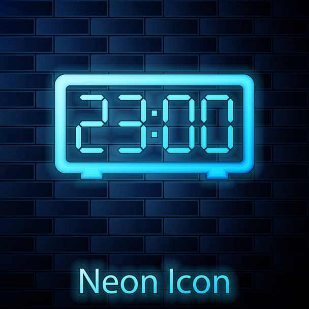 Ícone de despertador digital de néon brilhante isolado no fundo da parede de tijolo. Relógio eletrônico despertador. Ícone de tempo. Ilustração vetorial
 - Vetor, Imagem