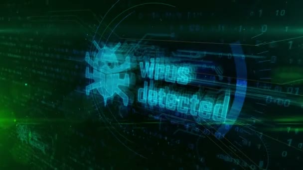 Virus detected hologram on digital background. Wrom, danger alert, infection, antivirus, cyber attack and warning abstract concept. Futuristic 3D animation. - Footage, Video