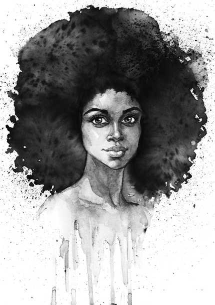 Watercolor beauty african woman. Painting monochrome fashion illustration with splashes. Hand drawn portrait of pretty curly lady on white background - Photo, Image