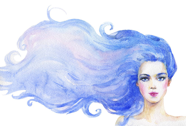 長い青い髪をした水彩美人女性。若い女性の手描きの肖像画。白い背景にファッションイラストを描く - 写真・画像