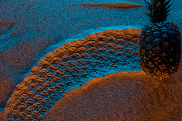 Κορυφαία όψη του ίχνους ανανά στην άμμο με φίλτρο χρώματος και χώρο αντιγραφής - Φωτογραφία, εικόνα