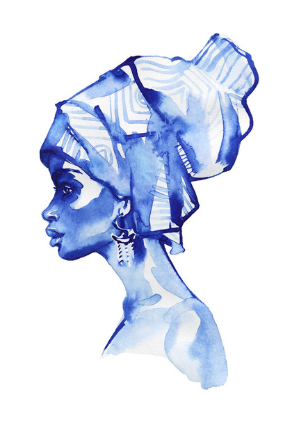 Akwarela piękno afrykańskiej kobiety. Ilustracja moda monochromatyczne malarstwo. Piękny portret z ładną dziewczyną na białym tle - Zdjęcie, obraz