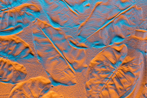 vista superior de fondo texturizado con impresiones de hojas en arena y filtro de color
 - Foto, imagen
