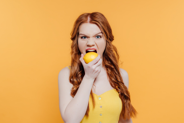 menina ruiva olhando para a câmera, fazendo expressão facial e mordendo limão isolado no amarelo
 - Foto, Imagem
