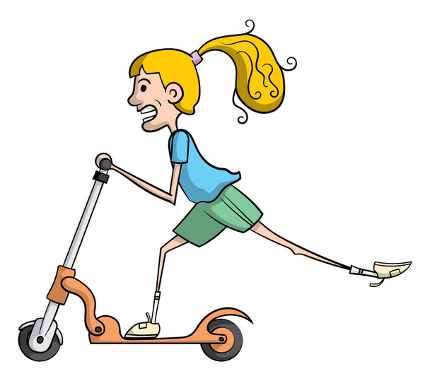 Cartoon-Illustration eines jungen blonden Mädchens mit Pferdeschwanz, das Spaß auf einem Tretroller hat. - Vektor, Bild