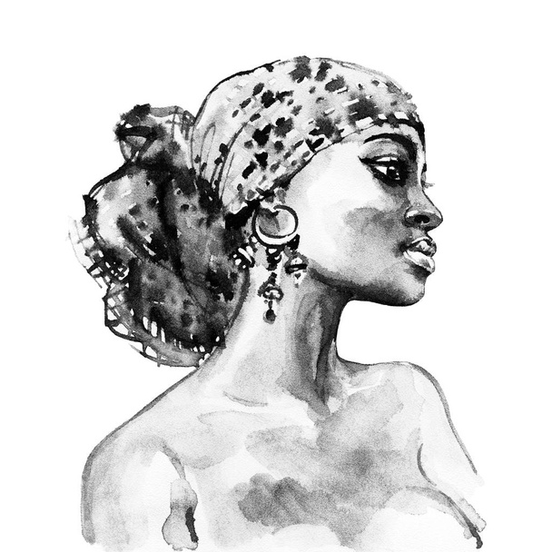 Acquerello bellezza donna africana. Pittura illustrazione di moda. Ritratto disegnato a mano di bella ragazza su sfondo bianco
 - Foto, immagini