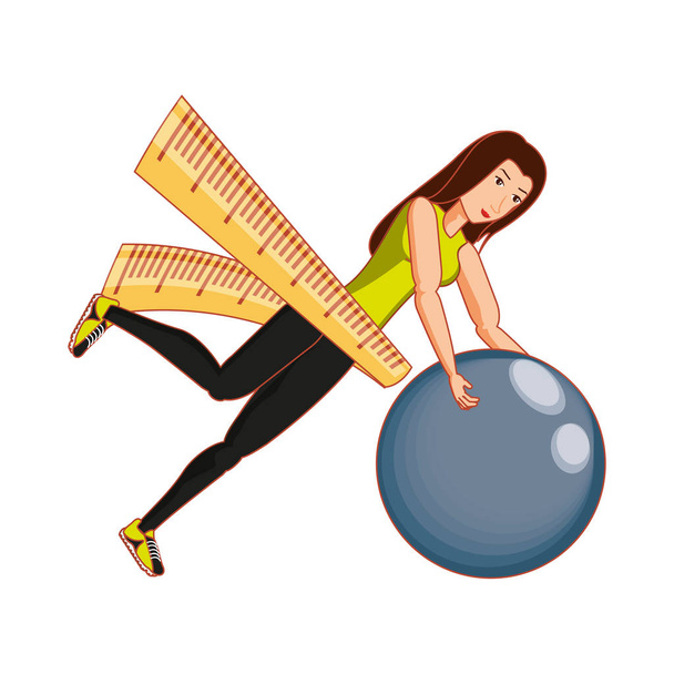 athletic woman practicing pilates with measuring tape - Vector, Image