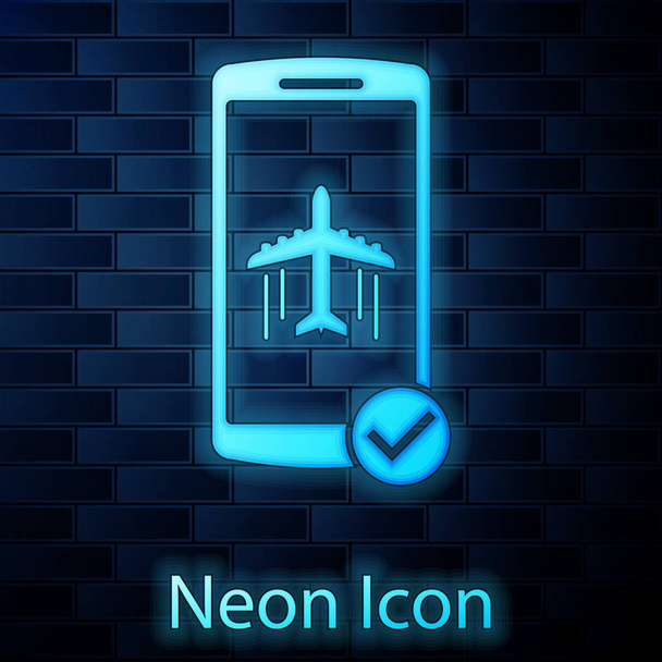 Leuchtende Neon-Flugmodus im Handy-Symbol isoliert auf Ziegelwand Hintergrund. Flugzeug oder Flugzeug Flug Offline-Modus Passagierregulierung Fluggesellschaft. Vektorillustration - Vektor, Bild