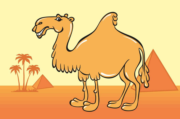 Carino cartone animato cammello sullo sfondo del deserto, piramidi egiziane e palme
. - Vettoriali, immagini