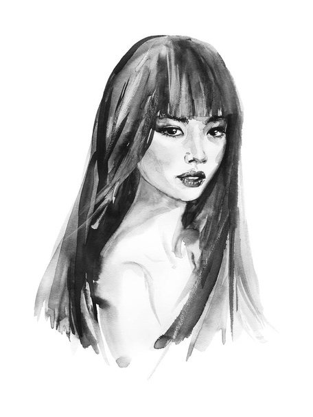 水彩のアジアの若い女性。美しさの少女の手の描かれた肖像画。ファッション イラスト-白い背景の上の絵画 - 写真・画像