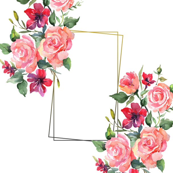 Pink rose bouquet floral botanical flowers. Wild spring leaf wildflower isolated. Watercolor background illustration set. Watercolour drawing fashion aquarelle isolated. Frame border ornament square. - Fotoğraf, Görsel