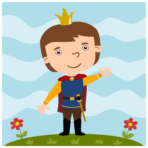 cartoon character of funny Prince with crown on summer meadow  - Vector, afbeelding