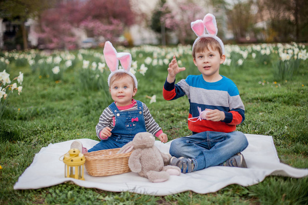 Petit garçon mignon et fille sont assis sur l'herbe près des jonquilles. Enfants en costumes lapins de Pâques
. - Photo, image
