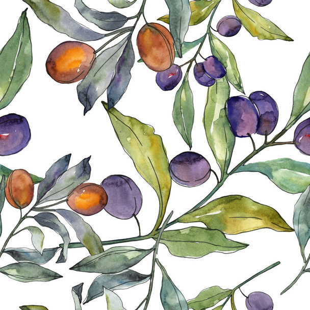 Olive branch with black and green fruit. Watercolor background illustration set. Watercolour drawing fashion aquarelle isolated. Seamless background pattern. Fabric wallpaper print texture. - Фото, изображение