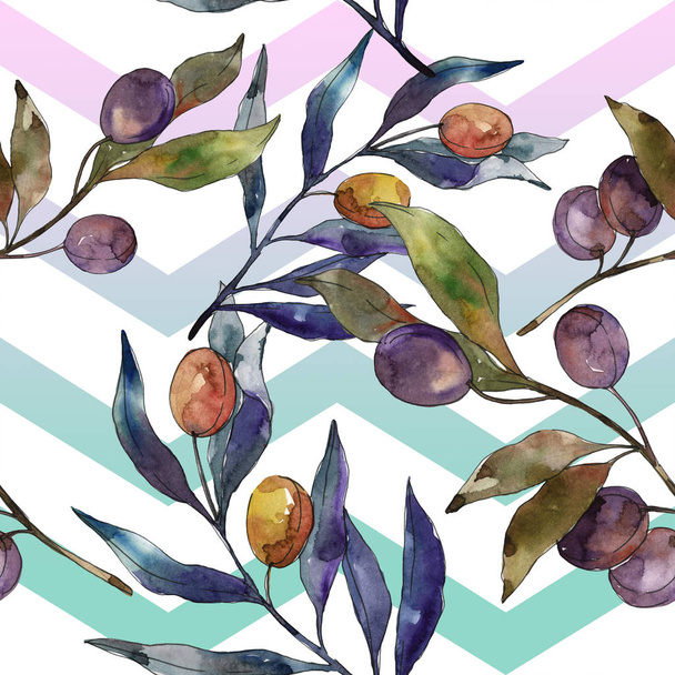 Olive branch with black and green fruit. Watercolor background illustration set. Watercolour drawing fashion aquarelle isolated. Seamless background pattern. Fabric wallpaper print texture. - 写真・画像