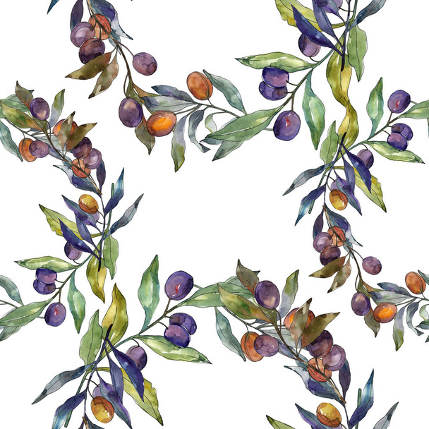 Olive branch with black and green fruit. Watercolor background illustration set. Watercolour drawing fashion aquarelle isolated. Seamless background pattern. Fabric wallpaper print texture. - Foto, imagen