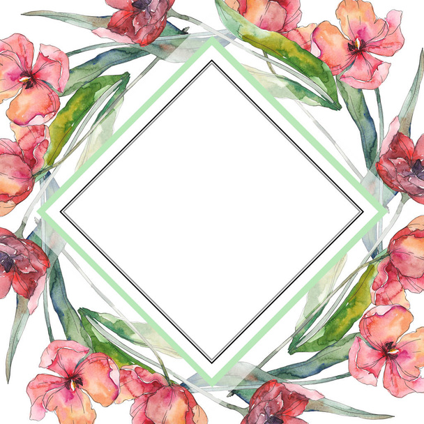 Red tulip floral botanical flowes. Wild spring leaf wildflower isolated. Watercolor background illustration set. Watercolour drawing fashion aquarelle. Frame border ornament square. - Photo, Image