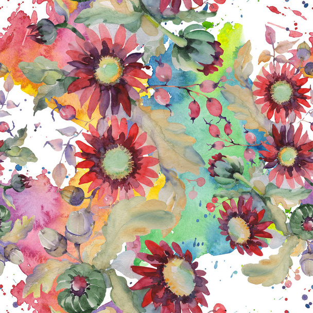 Red aster and acorn bouquet floral botanical flowers. Watercolor illustration set. Watercolour drawing fashion aquarelle. Seamless background pattern. Fabric wallpaper print texture. - Fotó, kép