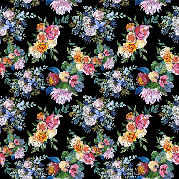 Wildflowers bouquet floral botanical flowers. Watercolor background illustration set. Seamless background pattern. - Fotoğraf, Görsel