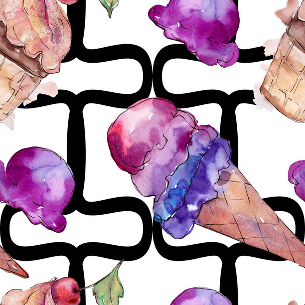 Tasty ice cream in a watercolor style. Aquarelle sweet dessert illustration set. Seamless background pattern. - Photo, Image
