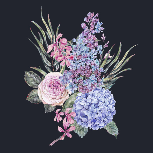 Ilustración floral vintage acuarela con rosas, lila, azul h
 - Foto, Imagen