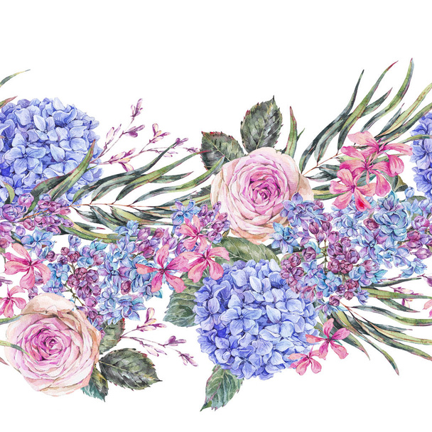 Aquarell Vintage floralen nahtlosen Rand mit Rosen, Flieder, Blu - Foto, Bild