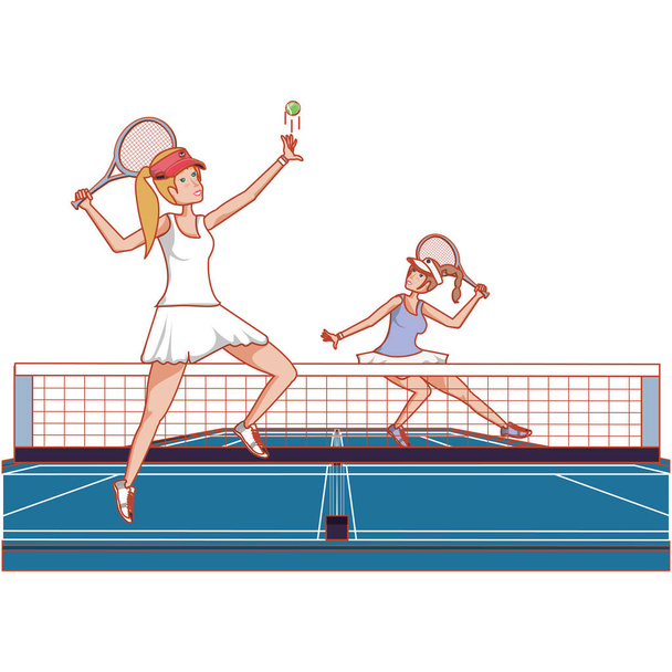 mujer practicando tenis en la corte
 - Vector, Imagen