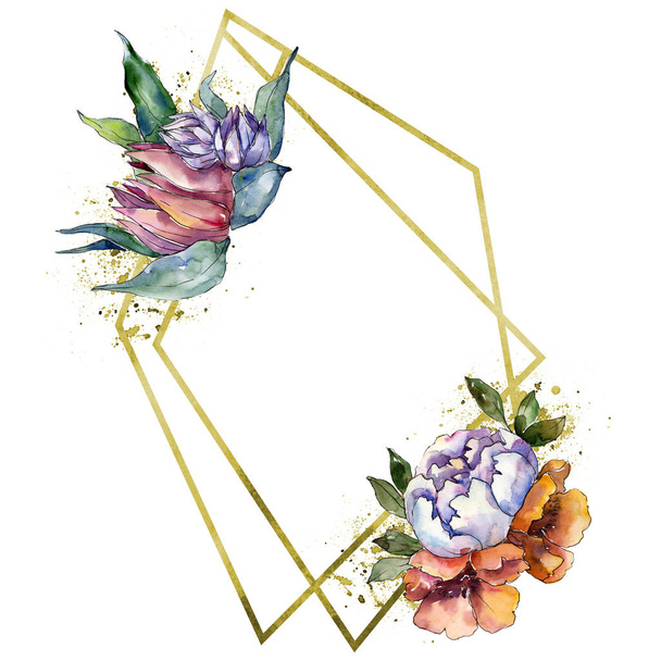 Bouquets floral botanical flowers. Wild spring leaf wildflower isolated. Watercolor background illustration set. Watercolour drawing fashion aquarelle isolated. Frame border ornament square. - Photo, Image