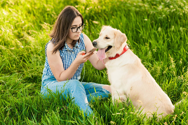 junge Frau mit Handy und Hund Golden Retriever im Freien - Foto, Bild