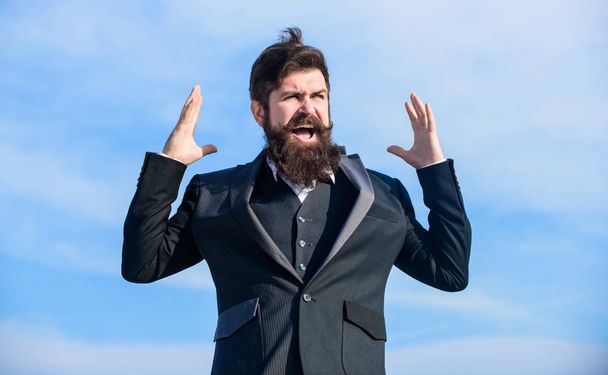 brutal caucasian hipster with moustache. Mature hipster with beard. Future success. Agile business. Confident businessman. startup business. formal fashion. Bearded man. Businessman against the sky - Fotografie, Obrázek