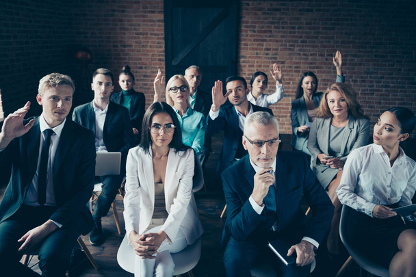 Crowd of nice serious focused beautiful handsome stylish elegant top executive financier lawyer attorney classes economy corporate conference at industrial loft style interior work place station - Valokuva, kuva