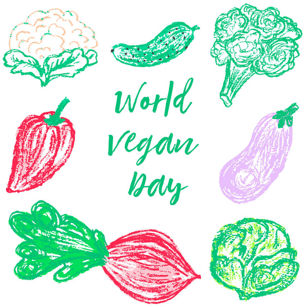 Lasten piirustus värillisillä vahaväriliiduilla. Maailman vegaanipäivä. Kukkakaali, kurkku, parsakaali, paprika, munakoiso, valkoinen kaali, punajuuret
 - Vektori, kuva