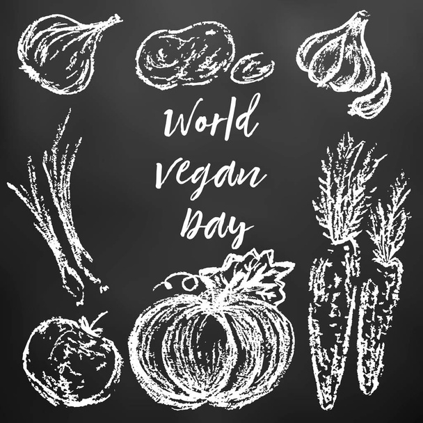 Children's drawing of white chalk on a black board. World Vegan Day. Onions, potatoes, garlic, pumpkin, carrots, peas, tomato, radish - Vector, Image