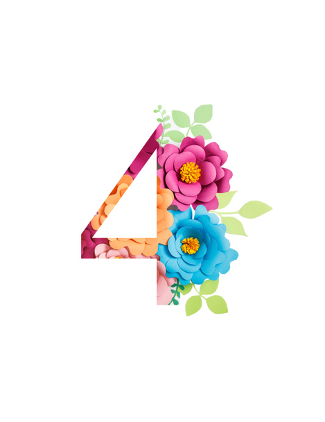 number 4 with paper cut bright flowers and leaves isolated on white - Foto, Bild